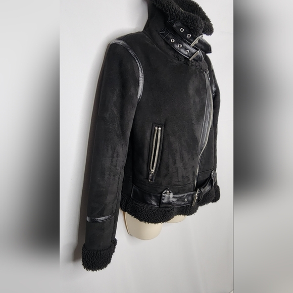 Zara Black Textured Shearling Jacket XS (FAST SHIPPING) - Picture 3 of 8